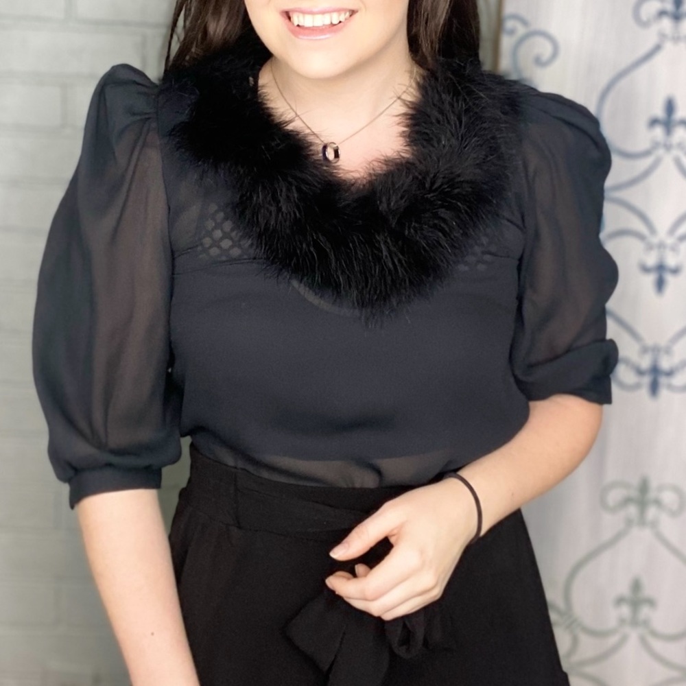 Vintage Black Sheer Blouse with Marabou Trim by Kassie